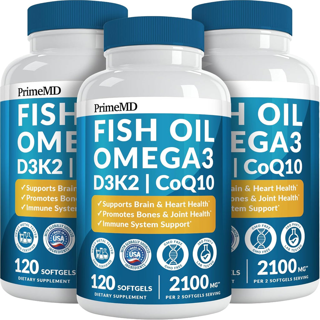 4-in-1 Fish Oil Omega 3 Fatty Supplements (2100mg) - Omega 3 Fish Oil with Vitamins D3 K2 and CoQ10 - Lemon Flavored (120 softgels, Pack of 3)