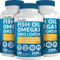 4-in-1 Fish Oil Omega 3 Fatty Supplements (2100mg) - Omega 3 Fish Oil with Vitamins D3 K2 and CoQ10 - Lemon Flavored (120 softgels, Pack of 3)