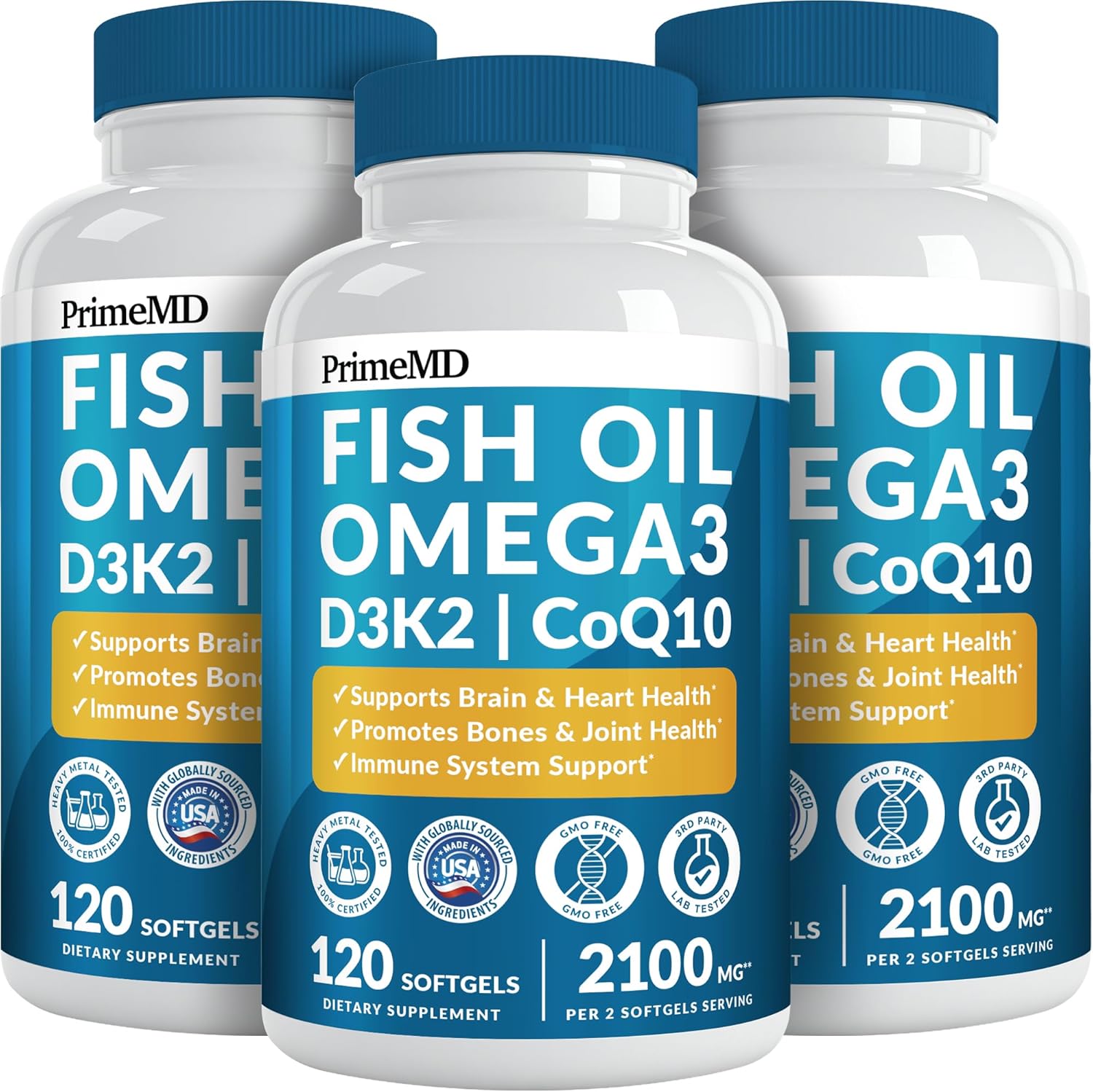 4-in-1 Fish Oil Omega 3 Fatty Supplements (2100mg) - Omega 3 Fish Oil with Vitamins D3 K2 and CoQ10 - Lemon Flavored (120 softgels, Pack of 3)