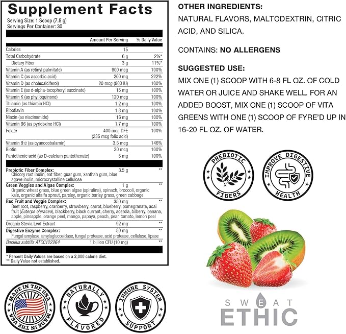 Sweat Ethic Vita Greens Greens Superfood Powder, Daily Multivitamin with Digestive Enzymes, Probiotics, Prebiotics & Reds for Men and Women, Sweetened with Stevia, Strawberry Kiwi Flavor, 30 Servings