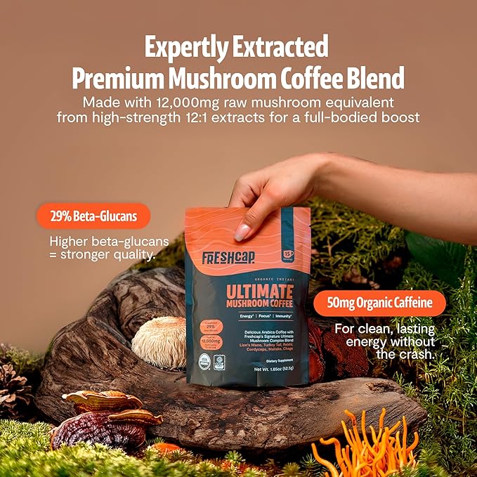 Mushroom Coffee 12,000 mg – Organic Instant Coffee with 6 Adaptogenic Mushrooms & 29% Beta-Glucans – Nootropic for Clean Energy, Focus, No Jitters, Gut Health & Immune Support (15 Servings)