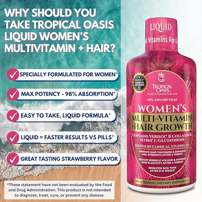 Tropical Oasis Women's Liquid Multivitamin + Hair Growth | 2.5g Verisol Collagen | Biotin 12500mcg | Clinically Tested for Thicker Hair, Wrinkles, Brighter Skin, Strong Nails | 32 Serv