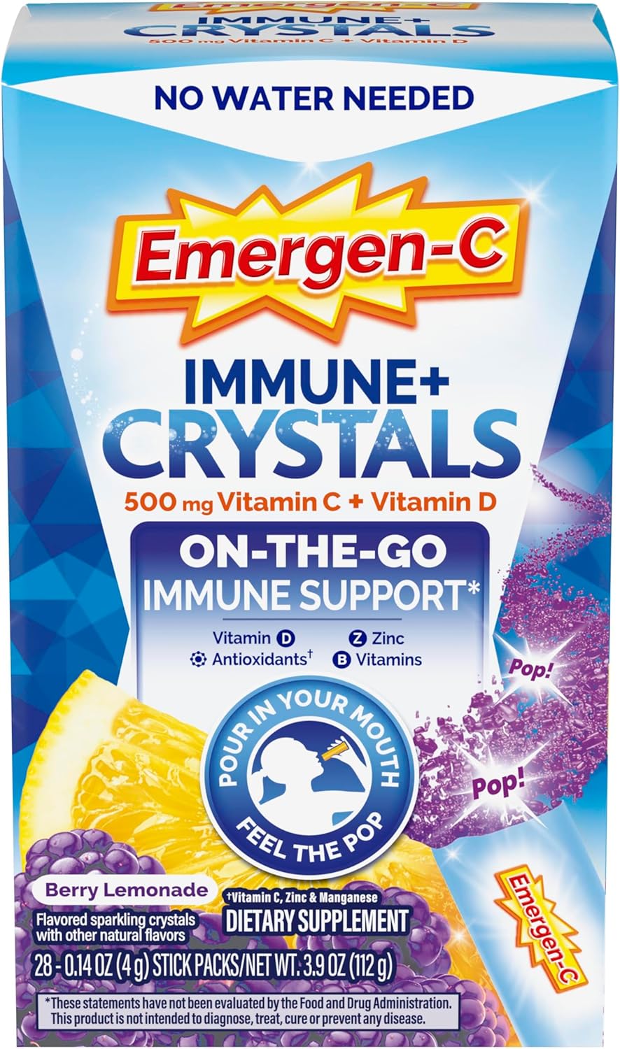 Emergen-C Immune Plus Crystals, On-The-Go Immune Support Supplement with Vitamin C, Vitamin D, B Vitamins, Zinc and Manganese, Berry Lemonade, Back to School Essentials - 28 Stick Packs