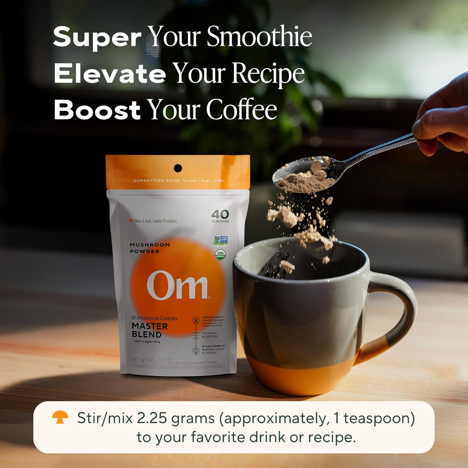 Om Master Blend Mushroom Powder – Organic Mushroom Supplement with 10 Mushrooms and Ashwagandha - Support Immunity, Gut Health & Stress Relief, 3.17 oz (40 Servings)
