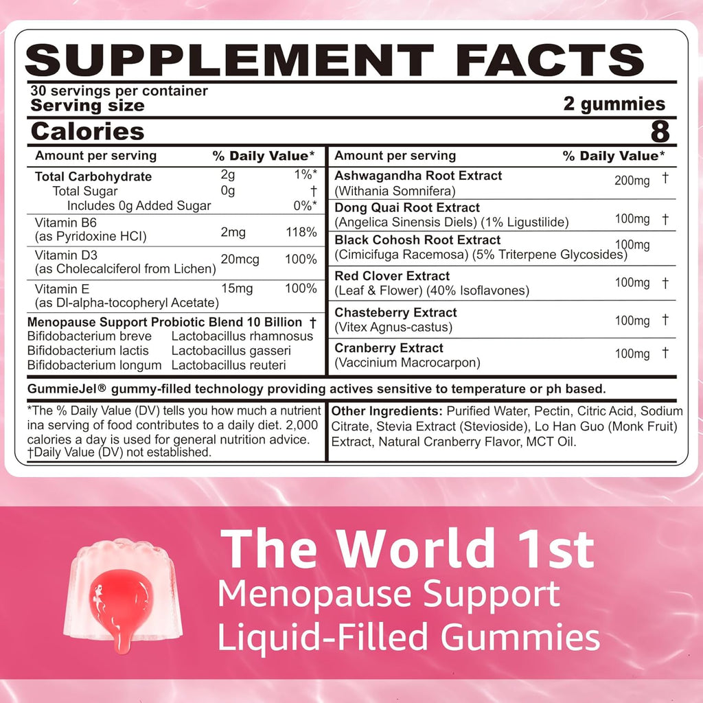 Menopause Probiotics Filled Gummies for Women, Sugar Free Menopause Supplement Gummy with Ashwagandha, Dong Quai & Black Cohosh for Hot Flashes, Night Sweats, Mood Swings, Gut Health - Vegan, 120Cts