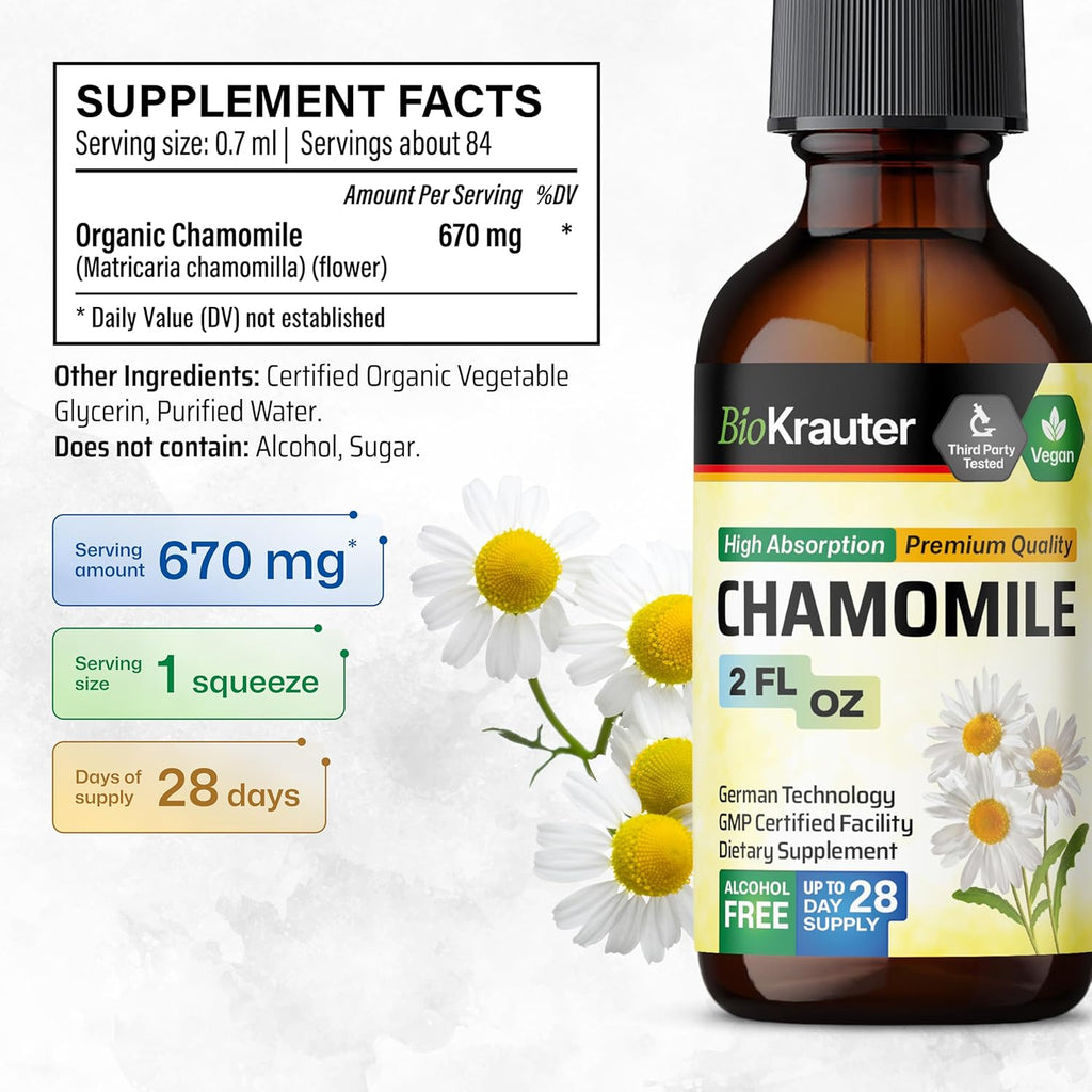 BIO KRAUTER® Chamomile Extract - Liquid Drops Pure Vegan Chamomile Supplement 670 mg per Serving 2 Fl.Oz 28-Day Supply - Used for Calm & Relax - Alcohol & Sugar Free - Natural Calm & Sleep Support