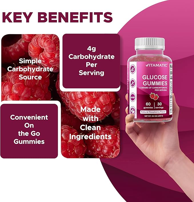 Vitamatic Glucose chewable Gummies - 60 Count - Natural Raspberry Flavor - 4G of Carbohydrate per Serving (3 Bottles)