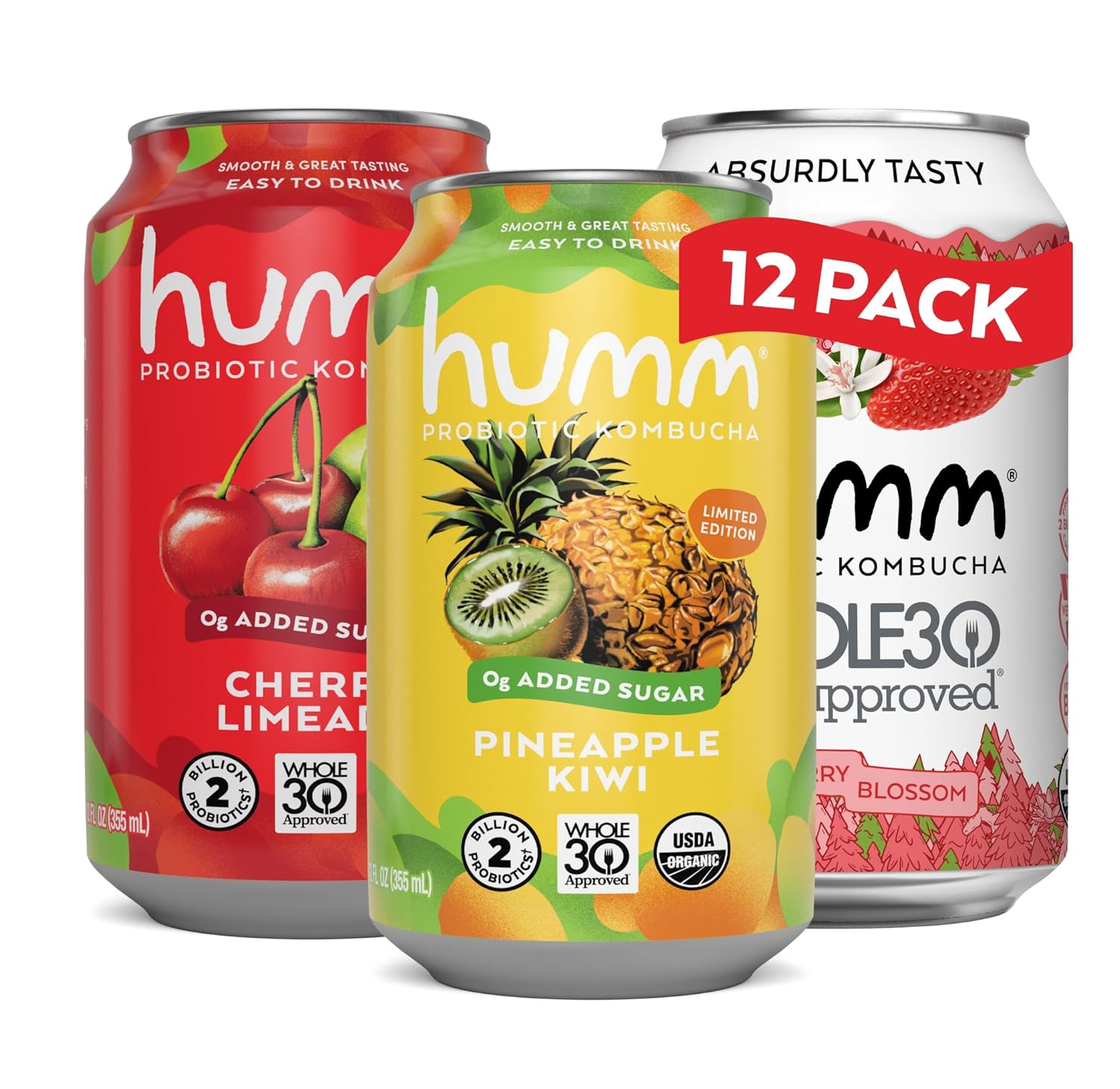 Humm Whole30 Approved Kombucha Seasonal Variety Pack, Strawberry Blossom, Cherry Limeade, Pineapple Kiwi, Organic, Vegan & GMO Free (12 Pack)