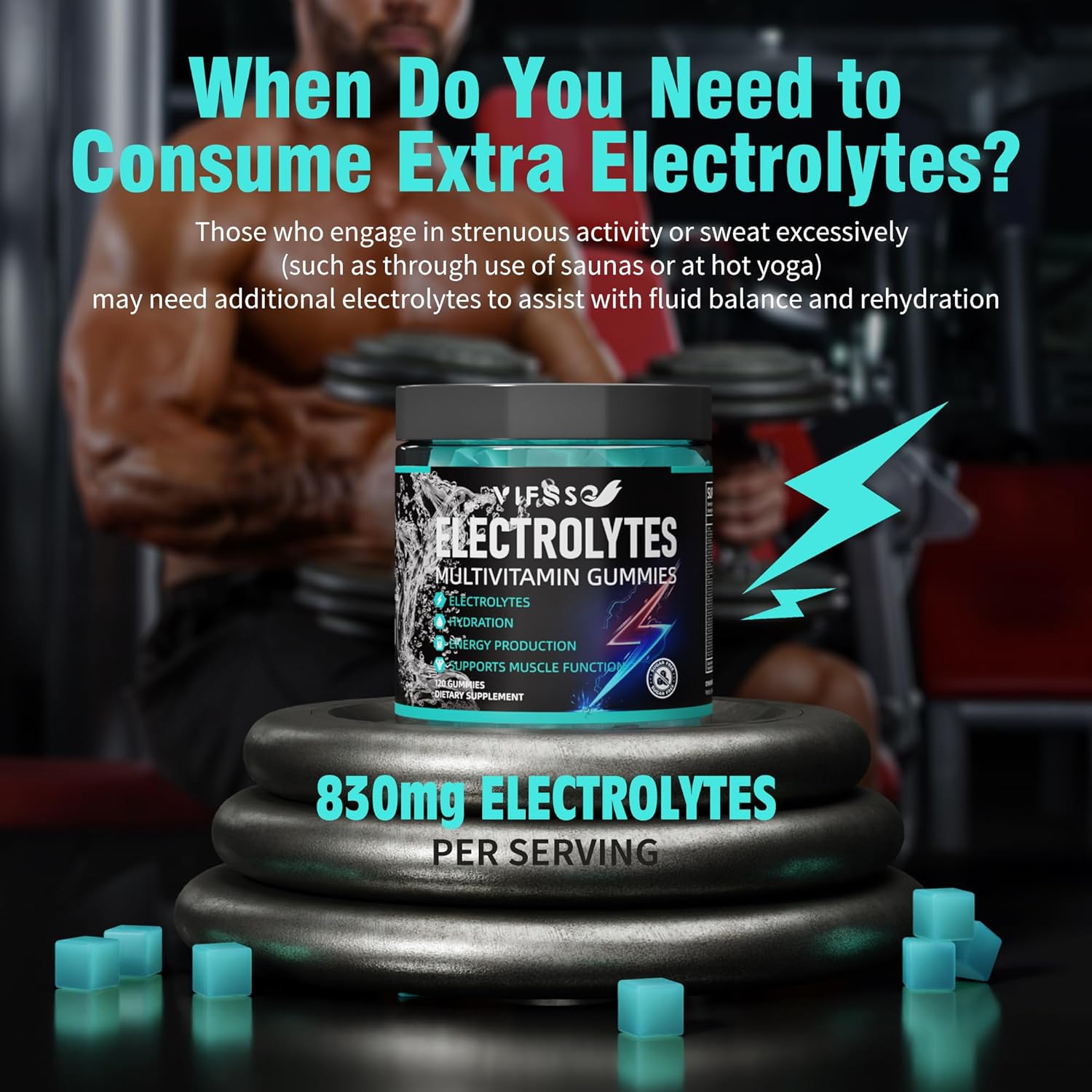 Electrolytes Gummies No Sugar, 120 Chewable Electrolyte Gummies with 6 Electrolytes for Runners and Endurance Sports, Refreshing Blue Raspberry, Hydration Electrolyte Chews, 1 Pack