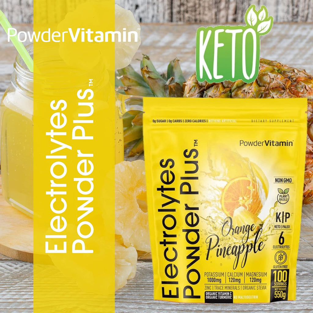 PowderVitamin Electrolytes Powder Plus (100 Servings) Orange Pineapple Electrolyte Powder Zero Calorie, Keto, 0 Sugar, No Maltodextrin,1000mg Potassium,120mg Calcium,120mg Magnesium, Hydration Powder