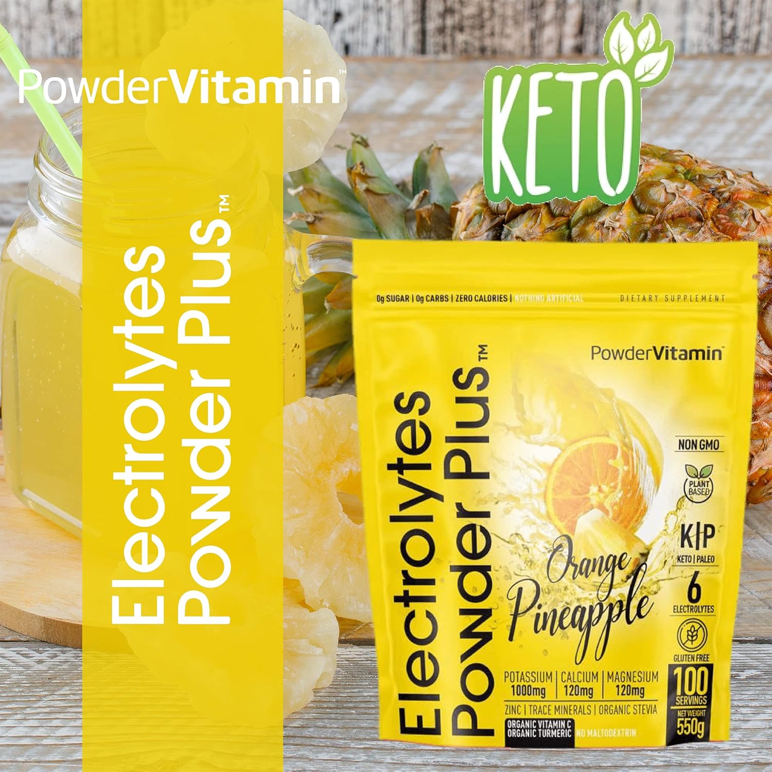 PowderVitamin Electrolytes Powder Plus (100 Servings) Orange Pineapple Electrolyte Powder Zero Calorie, Keto, 0 Sugar, No Maltodextrin,1000mg Potassium,120mg Calcium,120mg Magnesium, Hydration Powder