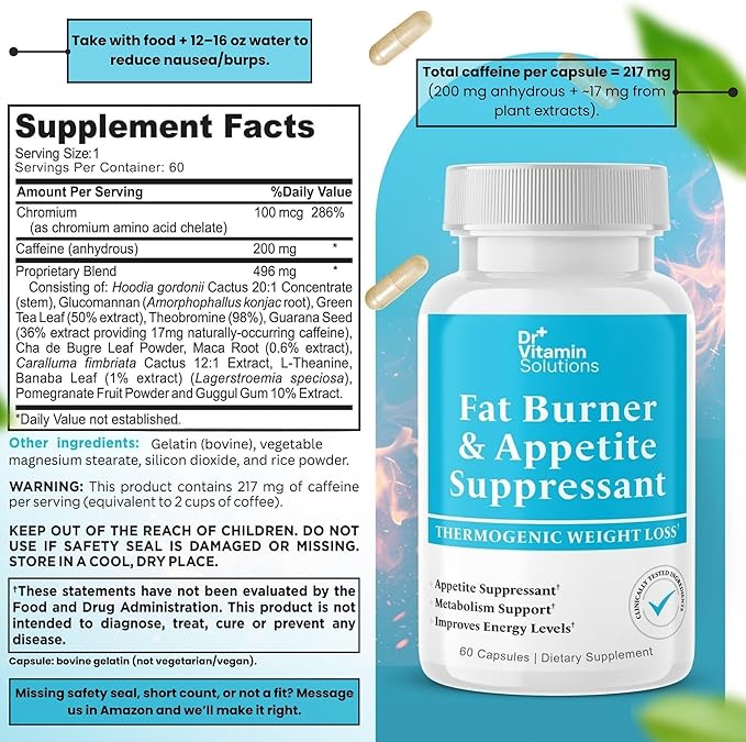 Fat Burner for Women & Men - Appetite Suppressant for Weight Loss - Pills w/Metabolism Booster Thermogenic Weight Loss Supplement - Includes Chromium & Green Tea Extract - 60 Capsules