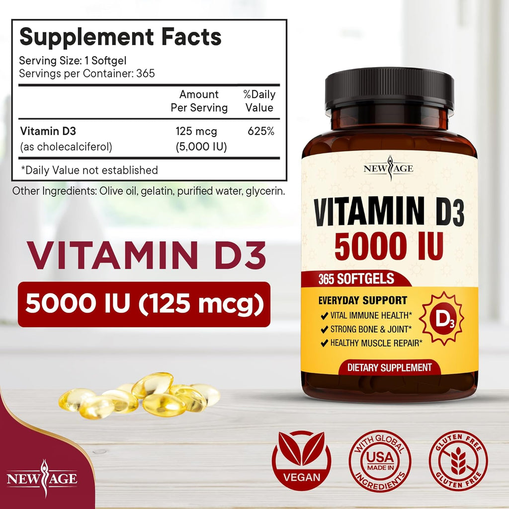 NEW AGE Vitamin D3 5000 IU 125mcg Softgels - Support Immune Support, Strong Bone Health - Non-GMO, Gluten-Free, Dairy-Free,1 Year Supply (360 Softgels (Pack of 1))