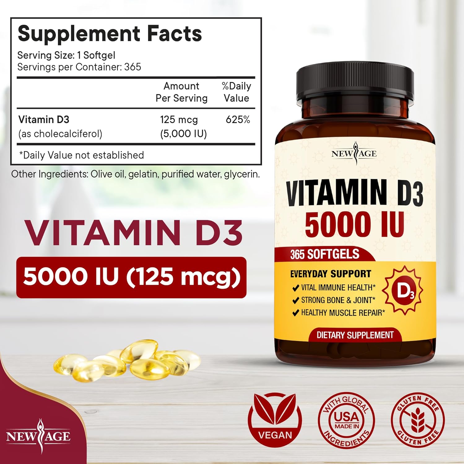 NEW AGE Vitamin D3 5000 IU 125mcg Softgels - Support Immune Support, Strong Bone Health - Non-GMO, Gluten-Free, Dairy-Free,1 Year Supply (360 Softgels (Pack of 1))