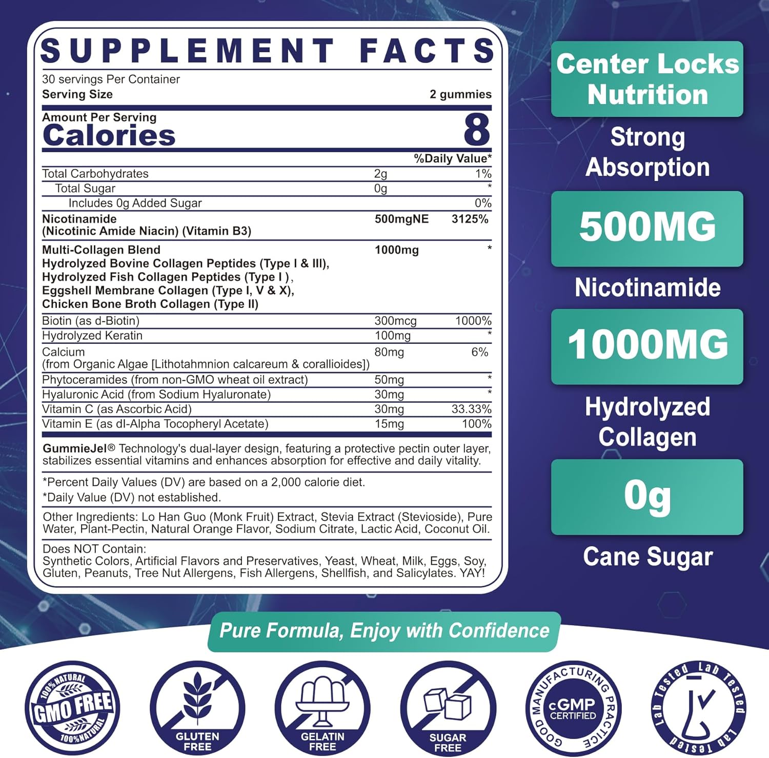 Nicotinamide 500mg Gummies, NAD+ Supplement for Women & Men w/Collagen Peptides, (Flush Free Niacin) Vitamin B3 Niacinamide for Anti-Aging, NAD+ Levels, Longevity, Focus & Brain, Sugar Free, 60Cts