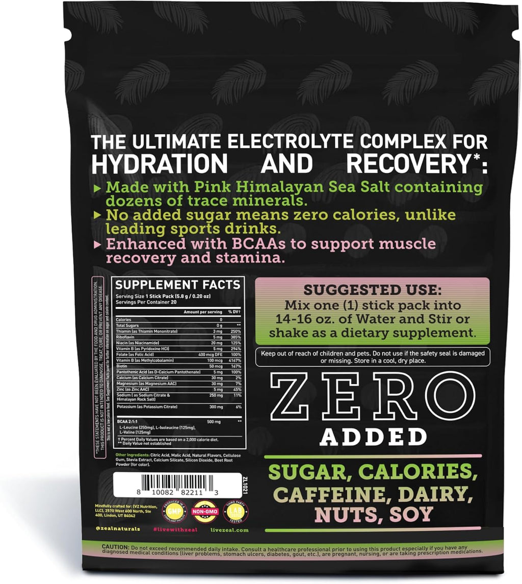 Enhanced Electrolyte Powder Stick Packs (Strawberry Kiwi | 20 Packets) w/ 0 Sugar +BCAAs +B-Vitamins Electrolyte Supplement w Potassium Zinc & Magnesium for Hydration - Keto Electrolytes