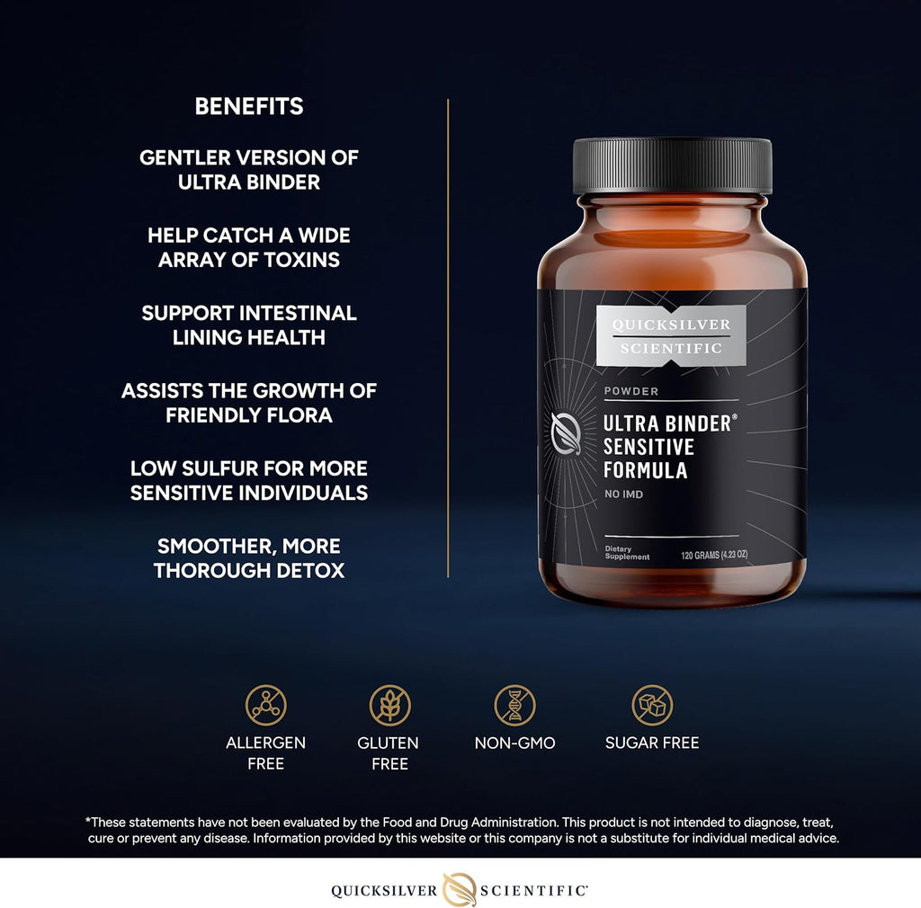 Quicksilver Scientific Ultra Binder Sensitive Formula - Gut Health Supplement with Activated Charcoal, Bentonite Clay - Cleansing Support Powder (120g)