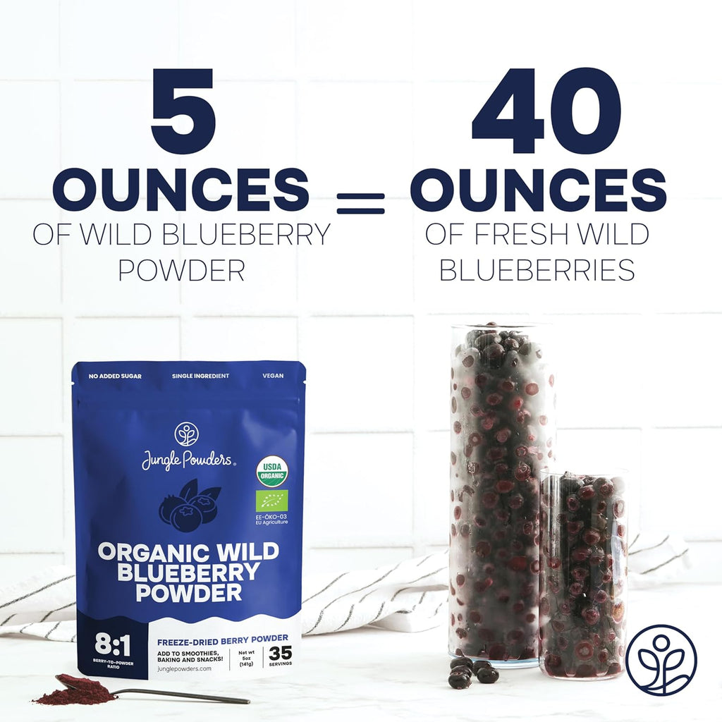 Jungle Powders Wild Blueberry Powder Organic 5 Ounce Bag USDA Certified - Antioxidant Rich Smoothies Freeze Dried Blueberries Organic Blueberry Extract for Baking From Whole Dried Organic Blueberries