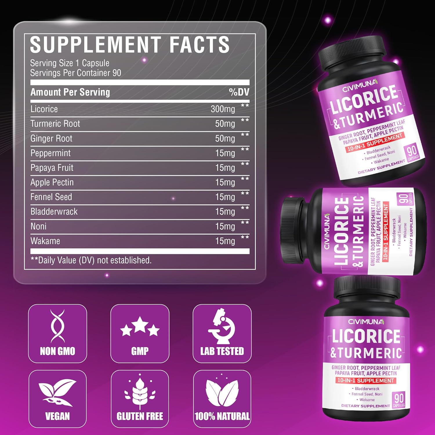 Licorice Capsules with Licorice, Turmeric Root, Ginger Root, Peppermint Leaf, Papaya Fruit- 3 Months Supply