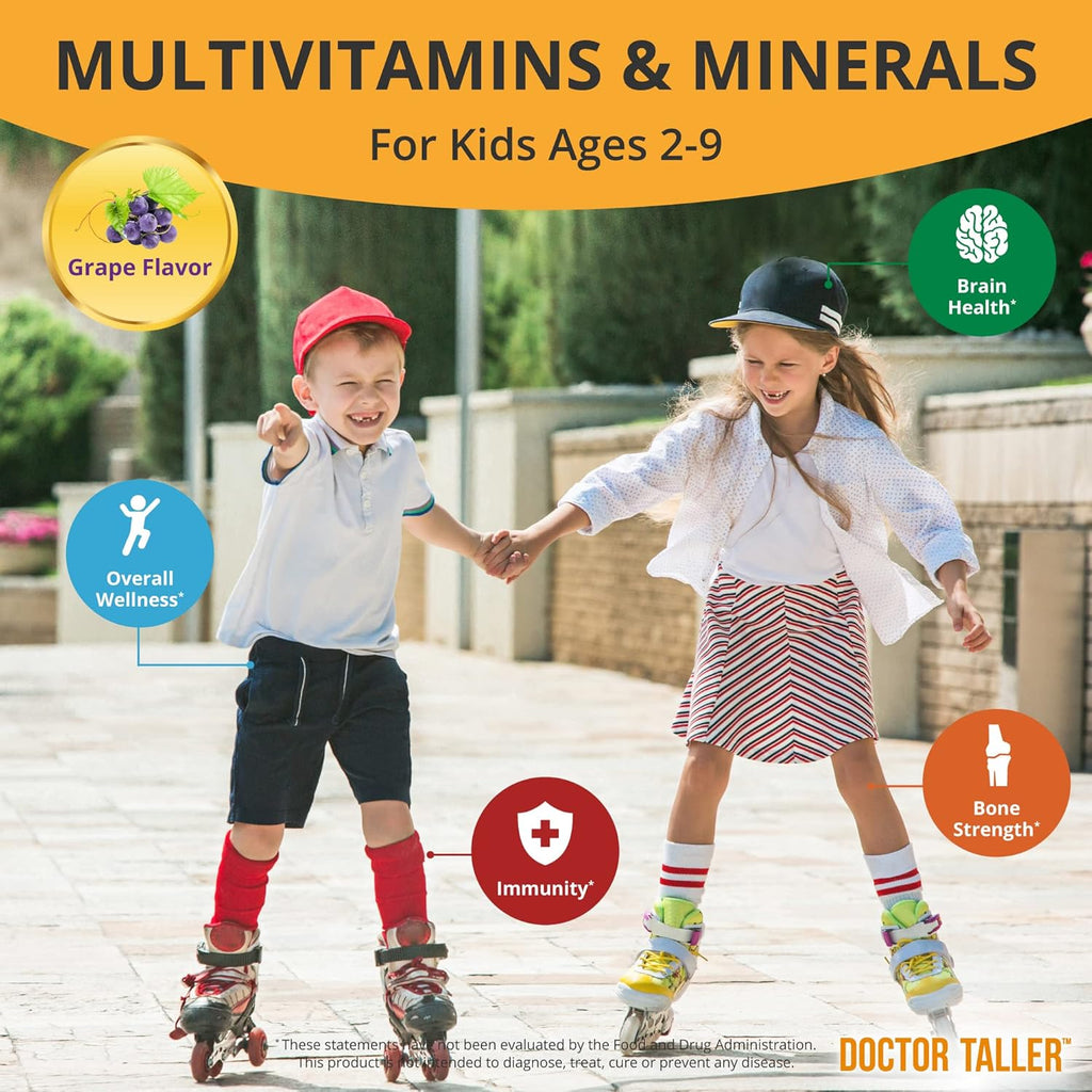 Doctor Taller Kids - Kids Multivitamins, Toddler Vitamins - Support Healthy Bone Growth and Bone Strength for Ages 2 to 9 - Grape Flavor - 60 Vegan Chewable Tablets | 6 Pack