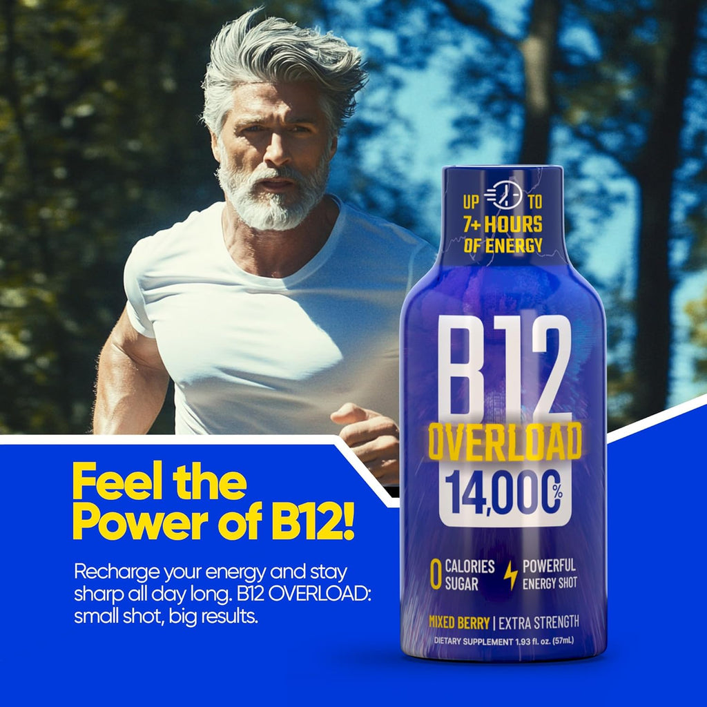 B12 Overload Extra Strength Energy Shot – Mixed Berry – 260mg Caffeine, 14000% B12, Electrolytes – Energy & Vitality Support – Zero Sugar No Calories – Vegan, Kosher, Gluten-Free – 1.93 fl oz, 10-Pack