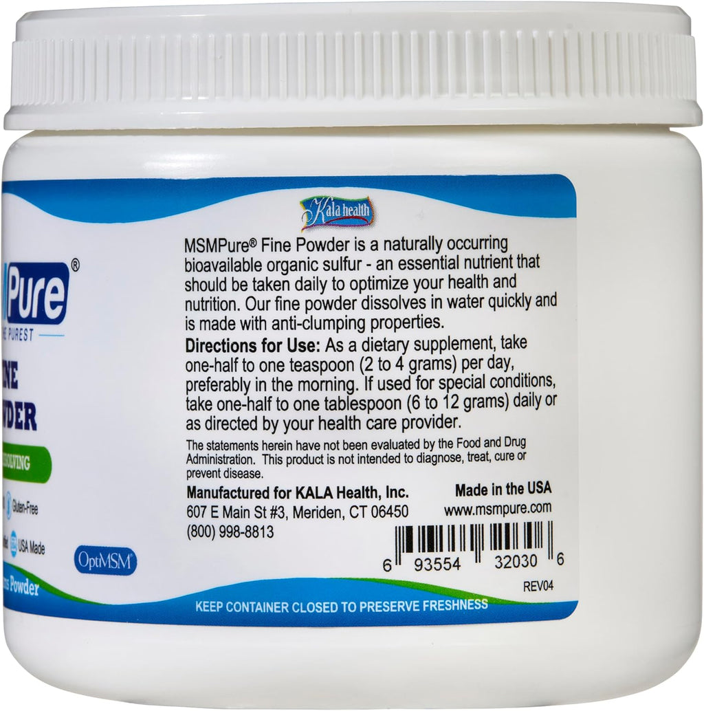 Kala Health MSMPure Fast Dissolving Fine MSM Powder Crystals – US-Made MSM for Joint Health, Skin Appearance, and Hair & Nail Support – 8.8 oz, Organic Sulfur