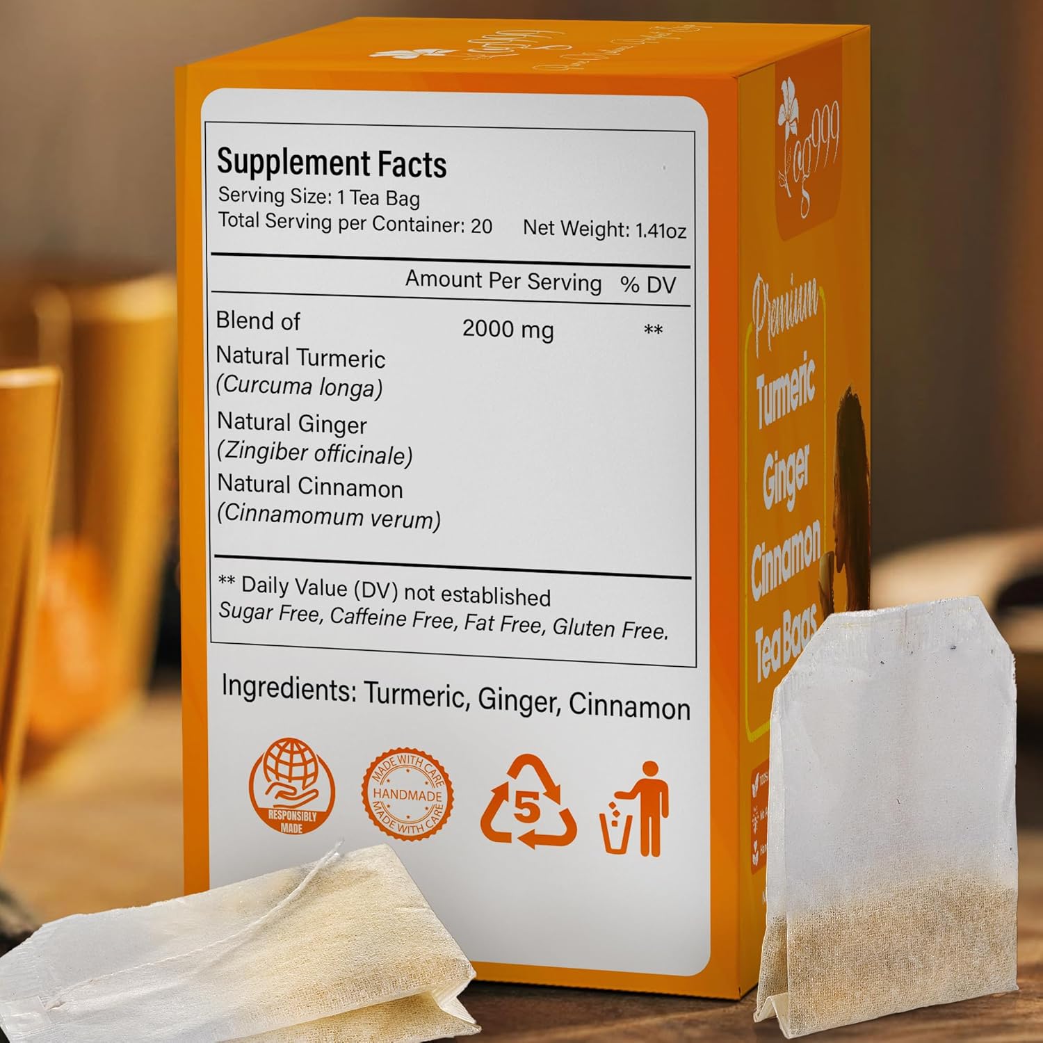TOG999, 10 Turmeric, Ginger, Cinnamon Tea Bags, 100% Natural, Hand-made Blend of Turmeric, Ginger, and Cinnamon. Eco-conscious Tea Bags. No Sugar, No Caffeine, No Gluten, Vegan.
