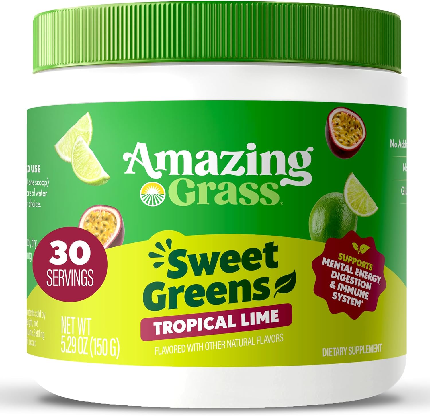 Amazing Grass Sweet Greens and Superfoods Powder for Digestive Health, Greens Powder, Digestive Enzymes, Probiotics, Spirulina, Chlorella, Tropical Lime, 30 Servings