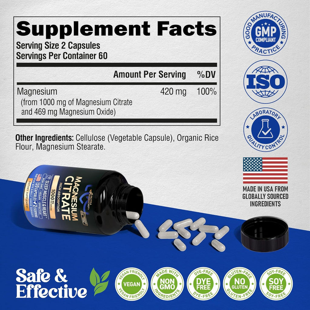 Magnesium Citrate Capsules 1000mg | High Absorption Supplement - Sleep, Muscle & Heart Support - Vegan | Non-GMO - Made in USA - As Powder | Pills | Tablets - 120 Capsules, 2 Month Supply