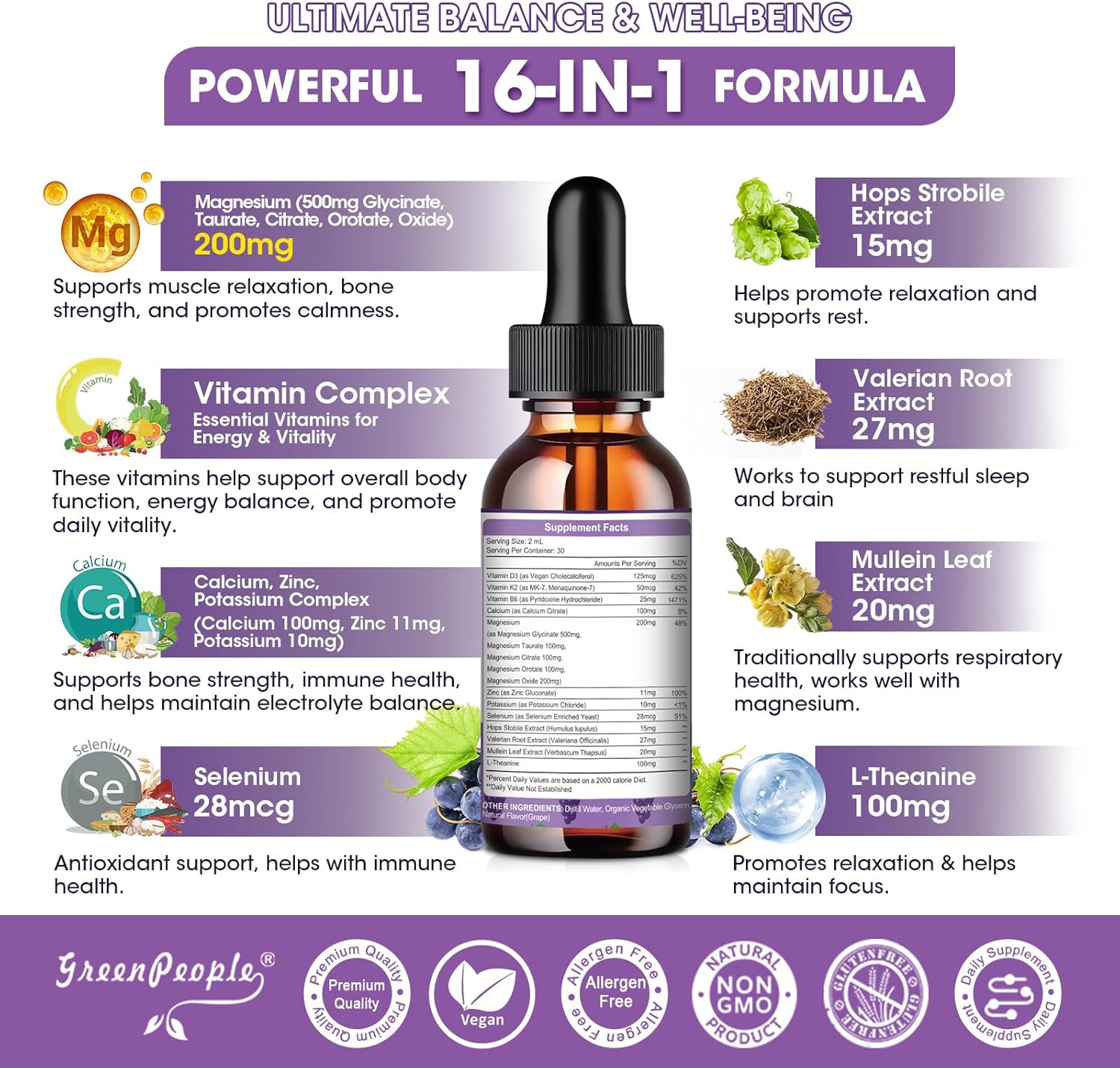 GREENPEOPLE Magnesium Glycinate Liquid Drops - 1000mg 5-in-1 High Absorption Liquid Magnesium for Sleep with D3/K2/B6 | Fast-Acting, Bone, Muscle & Sleep | Sugar-Free Grape Flavor, 2fl Oz