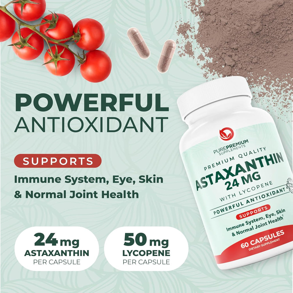 PurePremium Astaxanthin Supplements - Astaxanthin 24mg with Lycopene 50mg Antioxidants Supplement for Skin & Eye Health, Normal Joint Support & Immune System Support – Non-GMO - 60 Count