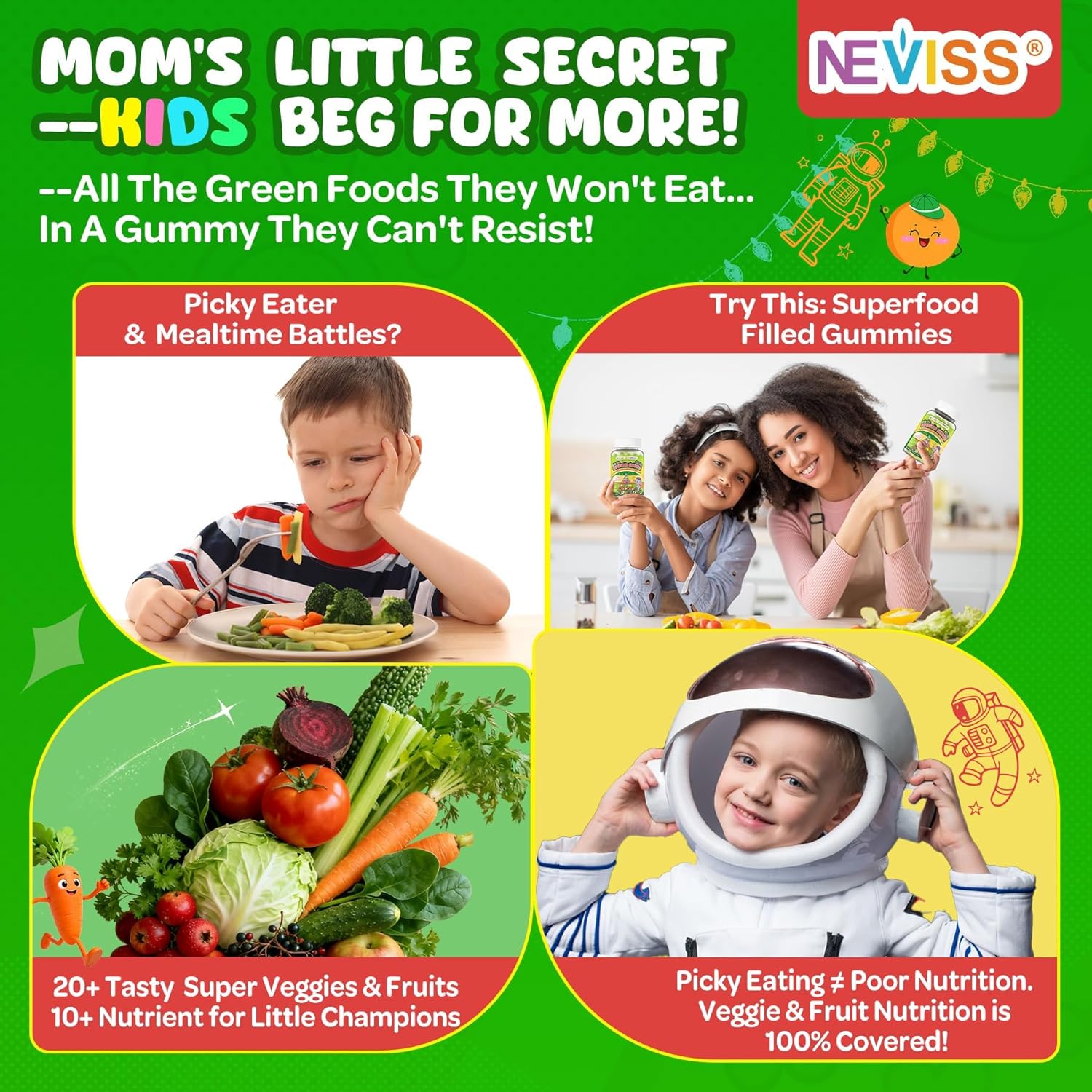 NEVISS Kids Super Greens 40-in-1 Gummies w/Multivitamin, Omega3, Iron, Picky Eater Organic Super Fruits Veggies Gummy, Superfood Supplement, Mushroom, Lutein | Immune, Bone, Brain, Energy, Sugar Free