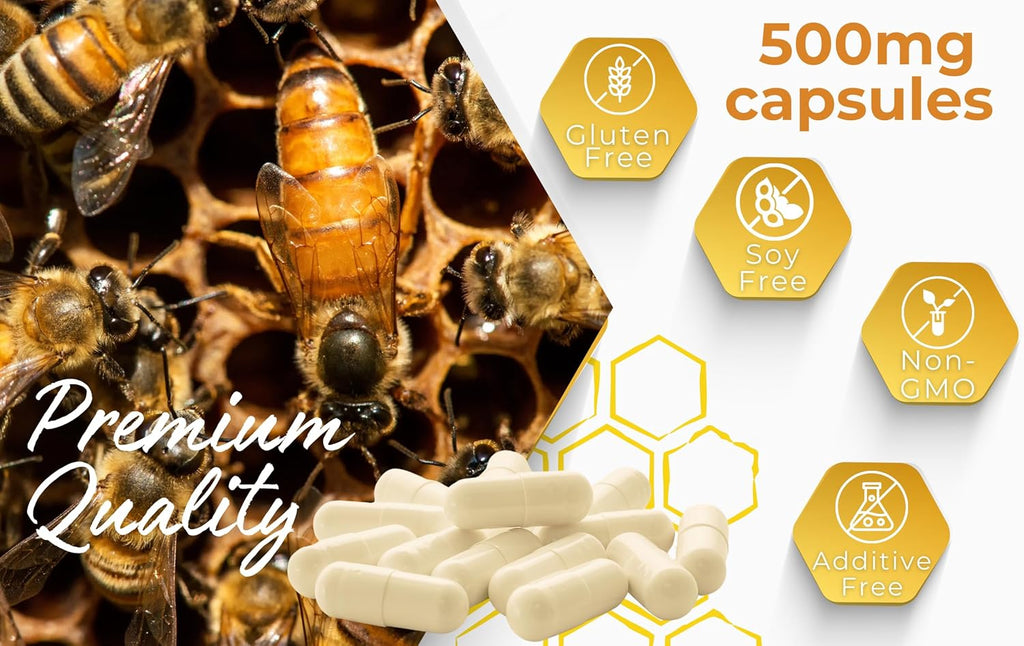 Royal Jelly Capsules – 500 mg Energy, Glowing Skin and Brain Booster Supplement | Non-GMO, Gluten-Free, 60 Easy-to-Swallow Veggie Capsules