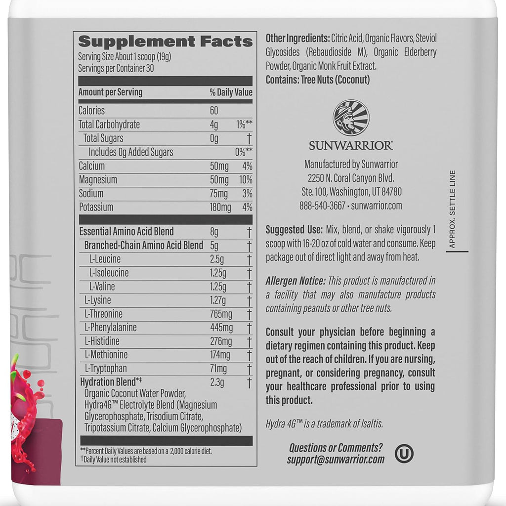 Sunwarrior Amino Acids Amino Energy Powder Essential Amino Acids EAA | Muscle Repair Hydration & Recovery | Promote Wellness Strength & Endurance | Dragon Fruit Flavor | 30 Servings | Active Aminos