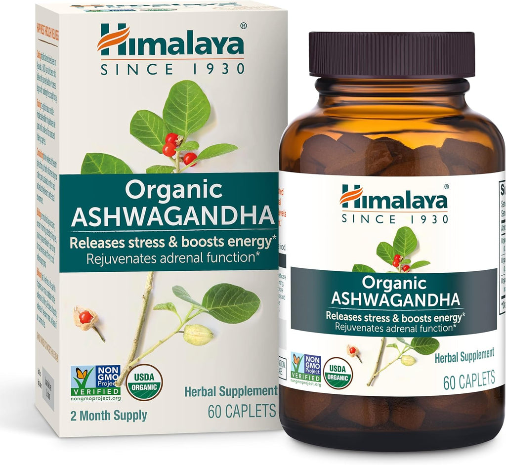 Himalaya Organic Ashwagandha Root, 60 Day Supply - Herbal Adrenal Support Supplements for Stress Relief and Energy Support - USDA Organic, Non-GMO, Vegan, Gluten Free, No Additives, 670 mg, 60 Caplets