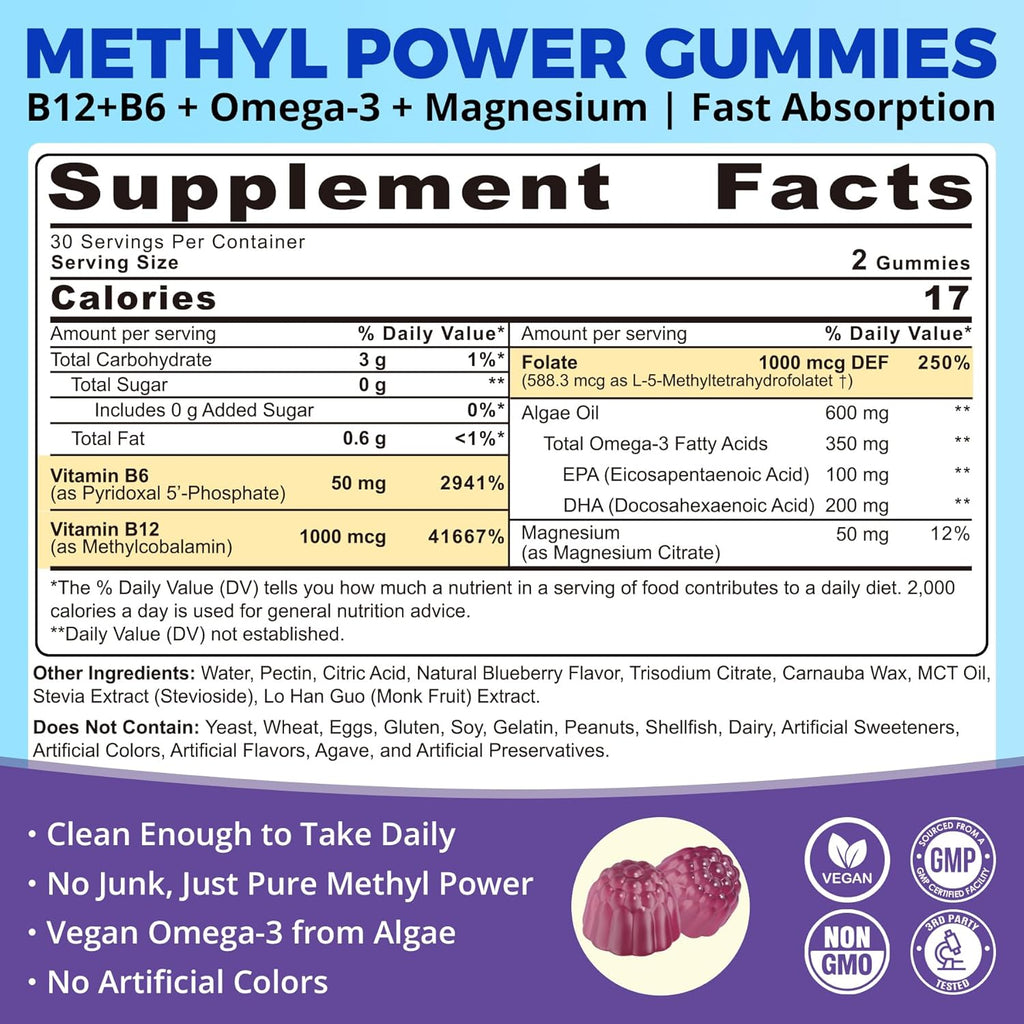 3-in-1 Methylated B Complex + Omega-3 Gummies With Vitamin B12 1000 mcg + Methylfolate 1000 mcg, B6 Vitamins for Energy, Mood & Brain - Sugar Free B Complex Vitamins for Women, Men, Vegan, 2 Pack