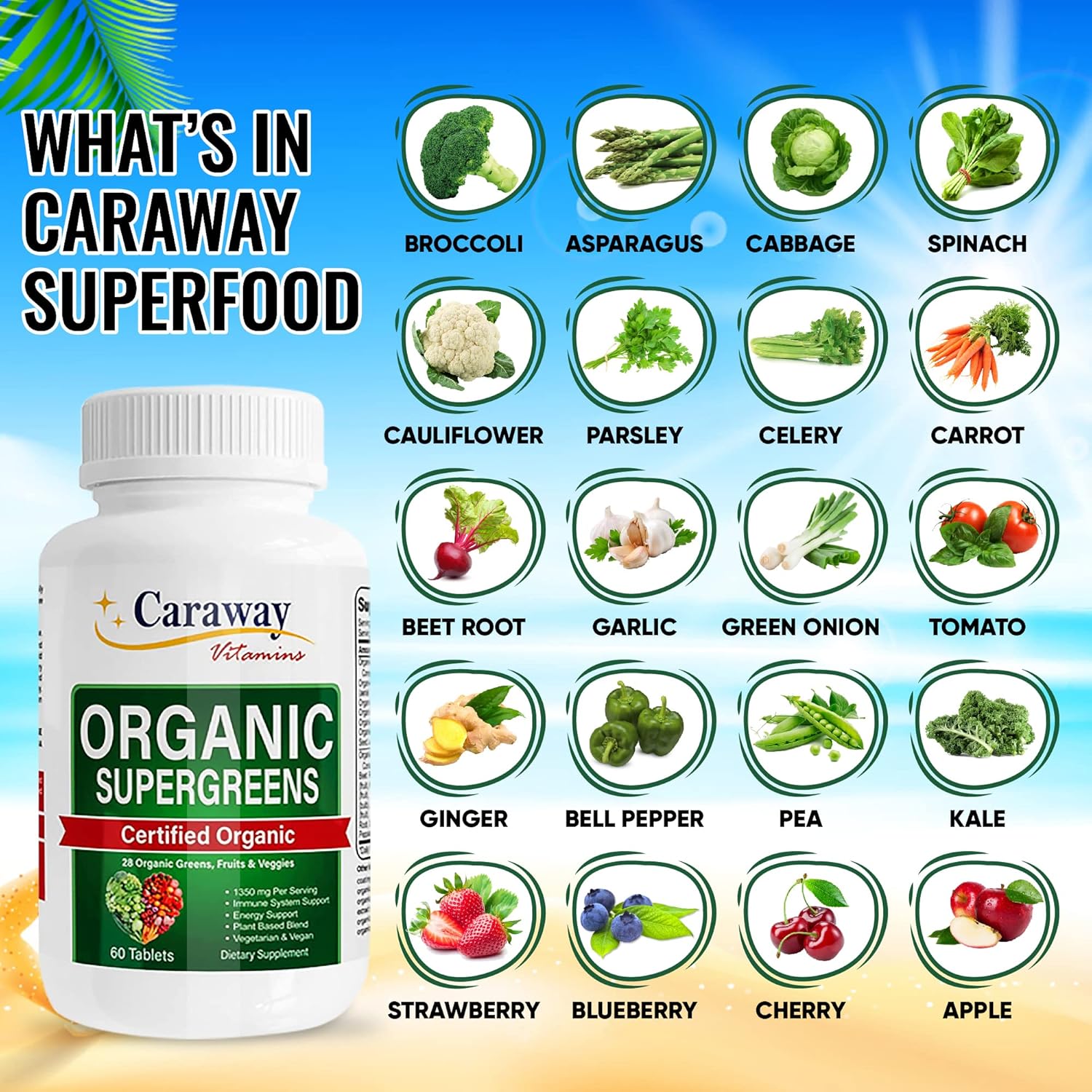 Organic Superfoods Vitamins Super Greens Complex by Caraway Vitamins 1,350 mg per Serving 28 Fruits Vegetables Greens 60 Count Tablets Non-GMO Natural for Men & Women