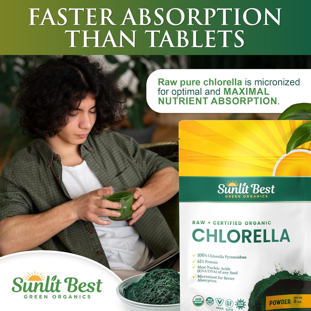 Sunlit Best Chlorella Powder Organic USDA, Green Algae Chlorella Powder, Broken Cell Wall Chlorellas, Raw Vegan Protein Chlorophyll - Non GMO, Gluten Free Superfood, Immune Support Supplement, 8 oz