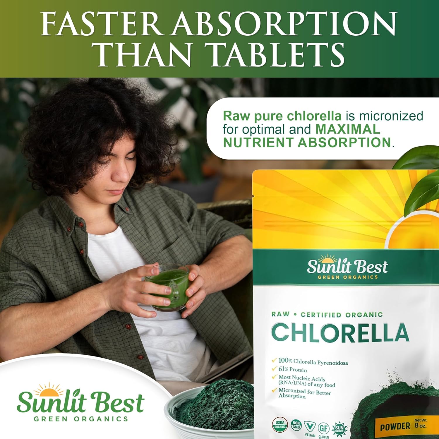 Sunlit Best Chlorella Powder Organic USDA, Green Algae Chlorella Powder, Broken Cell Wall Chlorellas, Raw Vegan Protein Chlorophyll - Non GMO, Gluten Free Superfood, Immune Support Supplement, 8 oz