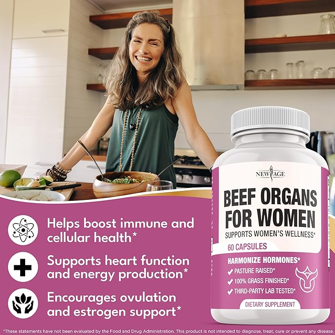 NEW AGE Beef Organ Supplement for Women - Beef Liver, Kidney, Heart and Uterus Tissue, Supports Women's Overall Energy and Health - Pasture Raised, Grass Fed - No Fillers - 60 Capsules