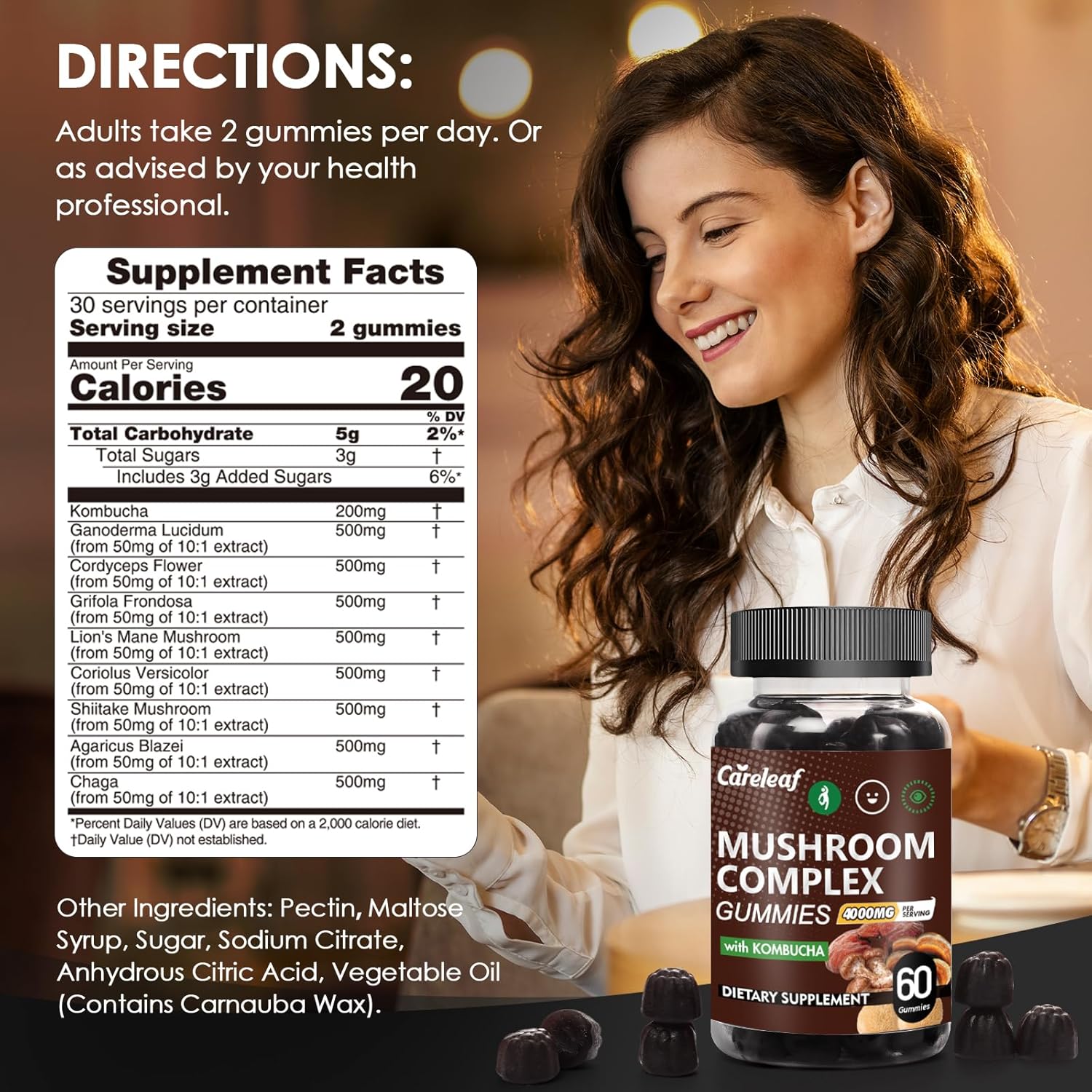 9 in 1 Mushroom Gummies with Lion's Mane for Focus Supplement and Energy Supplements to Support Immune System De-Stress Boost Mood & Energy 60 Count Kombucha Flavor