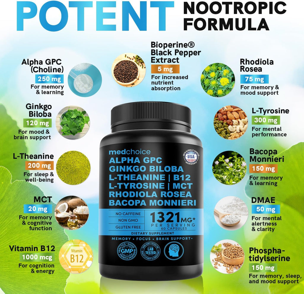 12-in-1 Nootropic Brain Supplement Anhydrous: Ginkgo Biloba for Brain Support, Memory and Focus - B12, Alpha GPC, L Theanine and Choline Supplements with Bioperine non Caffeinated 1321mg (120ct)