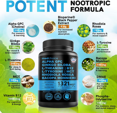 12-in-1 Nootropic Ginkgo Biloba for Brain Support, Memory and Focus - B12, Alpha GPC, L Theanine and Choline Supplements with Bioperine Non Caffeinated 1321mg (60ct)