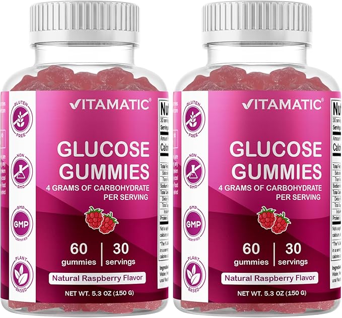 Vitamatic Glucose chewable Gummies - 60 Count - Natural Raspberry Flavor - 4G of Carbohydrate per Serving (2 Bottles)