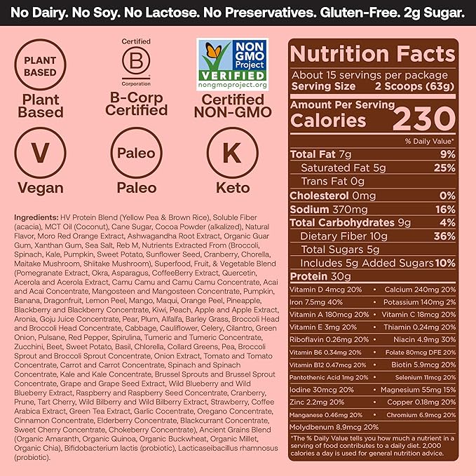Happy Viking Chocolate Protein + Superfoods Powder, Created by Venus Williams, 30G Protein, Low Carb, Keto, Vegan, Gluten-Free, Non-GMO, Complete Meal Replacement, 1 Bag