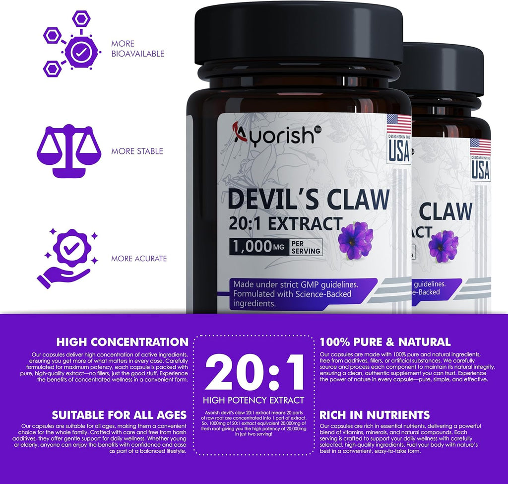 Devils Claw 1000mg | 120 Capsules | 20:1 Concentrated Root Extract | Devils Claw Herbal Supplement | Non-GMO, Gluten Free Supplement