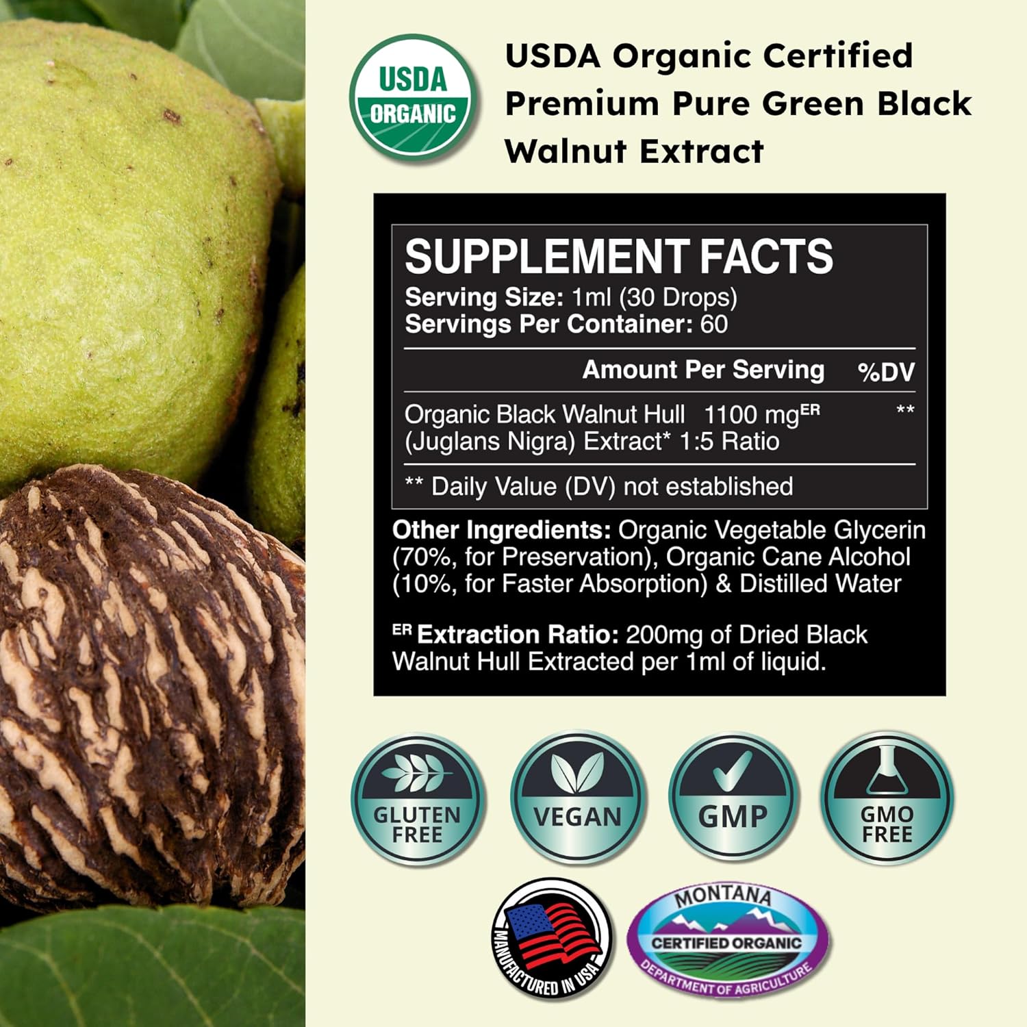 Zenmen Organic Green Black Walnut Hull Tincture - Highly Potent Formula for Immune Support and Source of Antioxidants - 2.32 oz / 60ml, Vegan, Manufactured in The USA