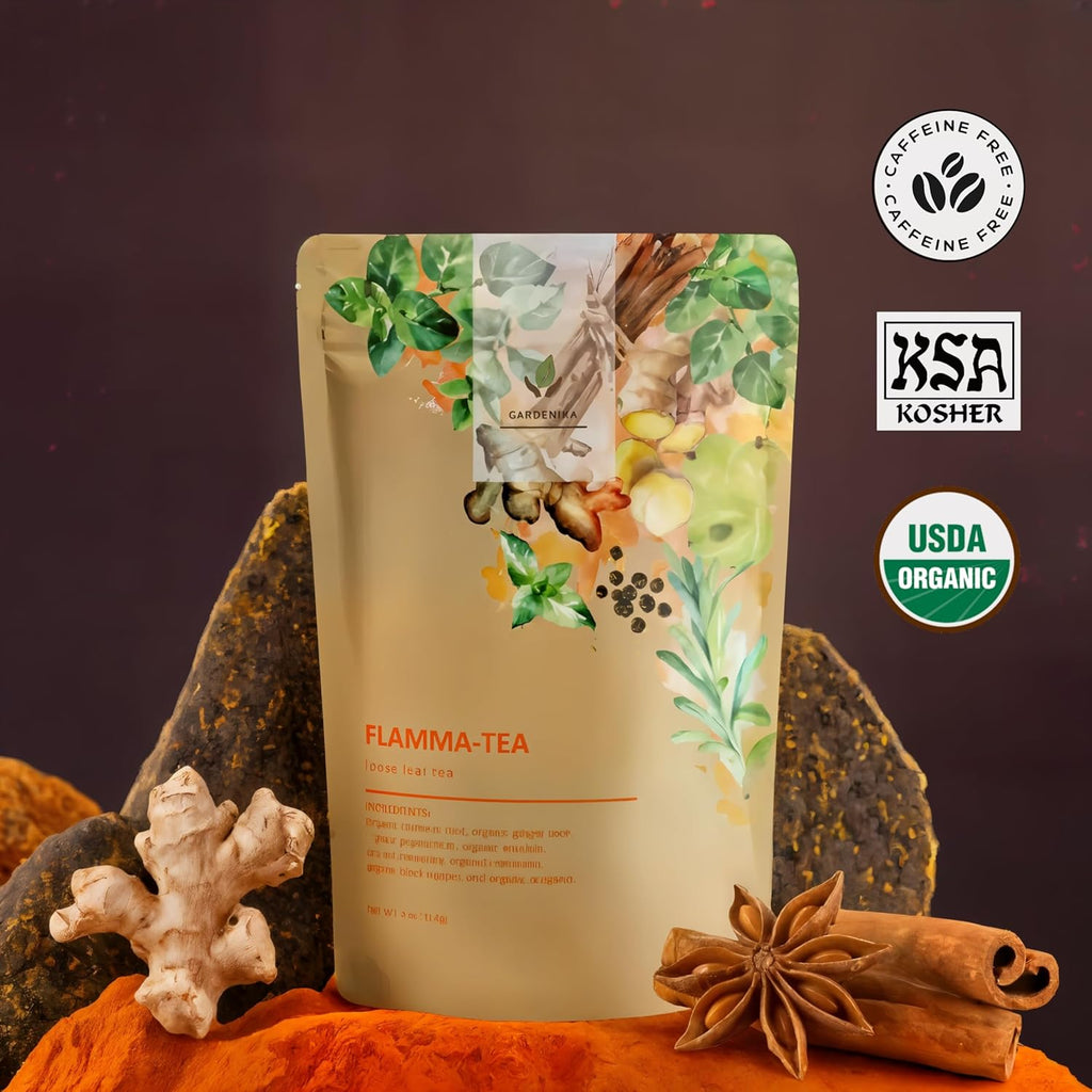 Gardenika Organic Flamma-tea Loose Leaf Turmeric Ginger Tea | with Cinnamon & Pepper | 100% Natural | Caffeine Free | Herbal Wellness Tea | Premium Blend | 1 lb (454g)