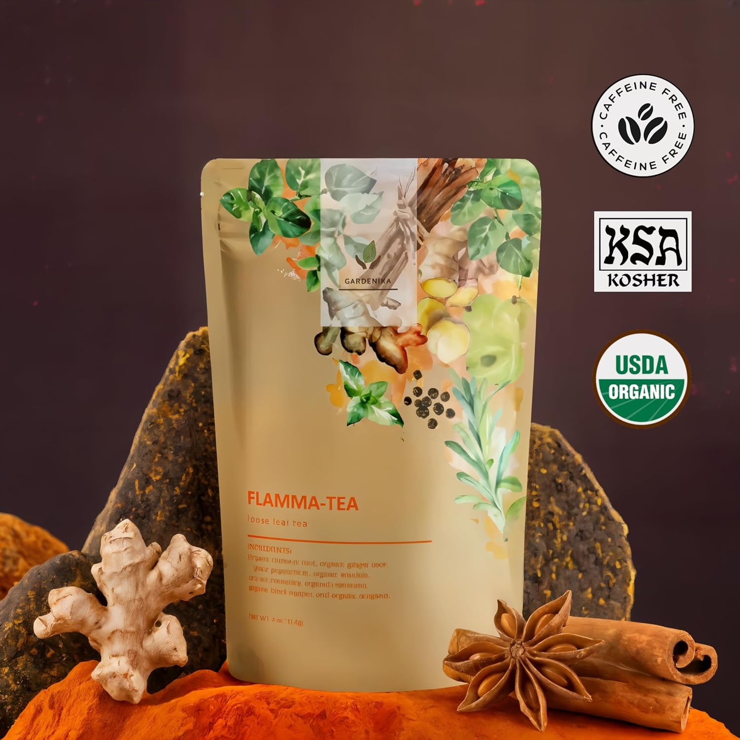Gardenika Organic Flamma-tea Loose Leaf Turmeric Ginger Tea | with Cinnamon & Pepper | 100% Natural | Caffeine Free | Herbal Wellness Tea | Premium Blend | 1 lb (454g)