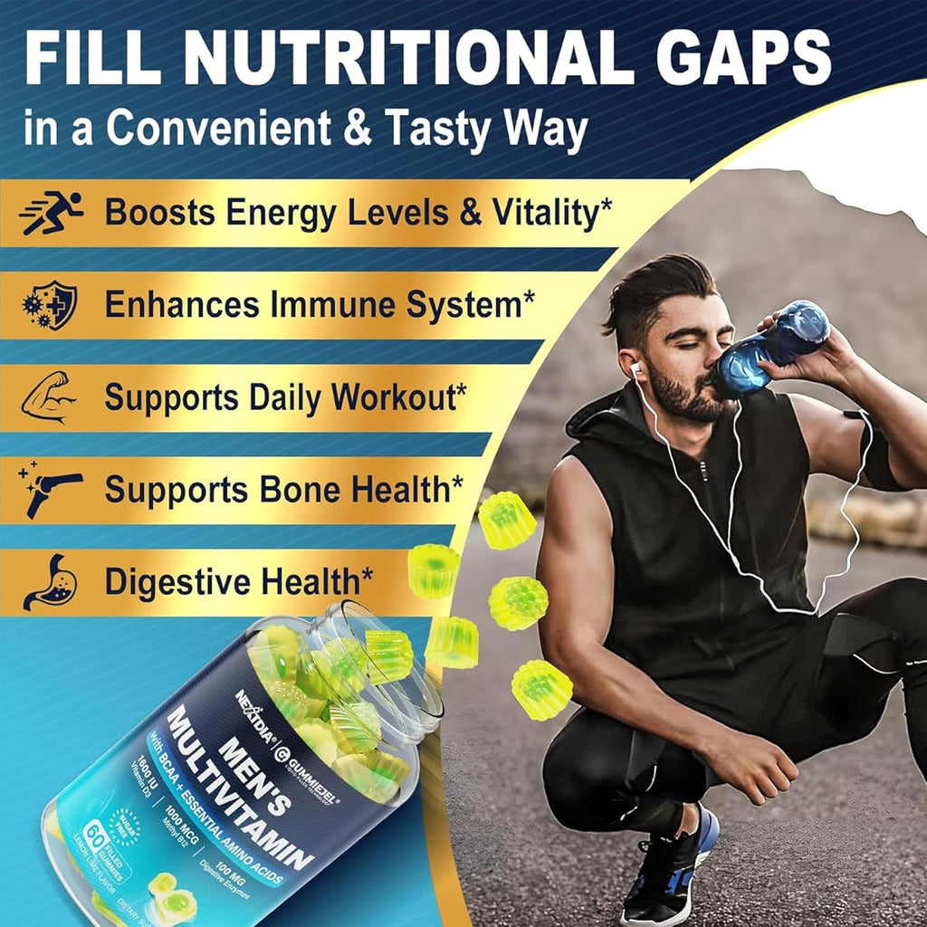 2 Pack Methylated Multivitamin for Men Gummies, BCAA Amino Acids, Zinc, Biotin, Vitamin A C E D3 K2 B Complex Calcium, Magnesium, Lycopene, Digestive Enzymes - Energy Muscle Immune - Sugar Free, Vegan